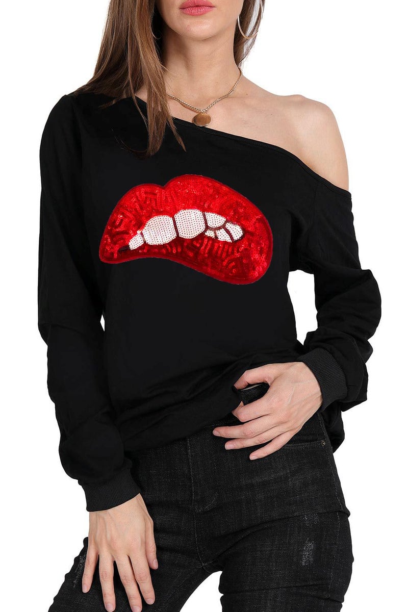 MAGICMK Womanâ€™s Sweatershirt Lips Print Causal Blouse Off The Shoulder Long Sleeve Loose Slouchy Pullover Plus Size Topsâ€¦(XL) - Image 4